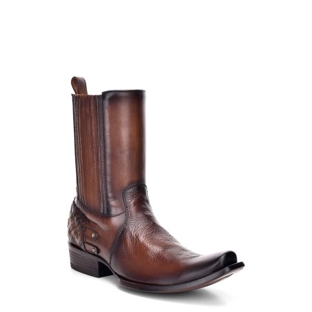 Men's genuine leather pull-on brown chain boots