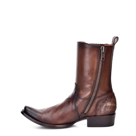 Men's genuine leather pull-on brown chain boots