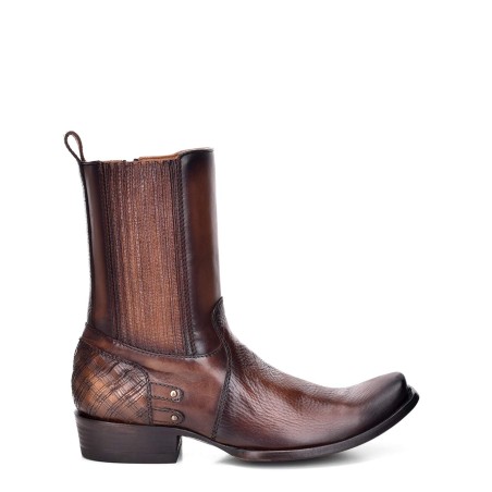 Men's genuine leather pull-on brown chain boots